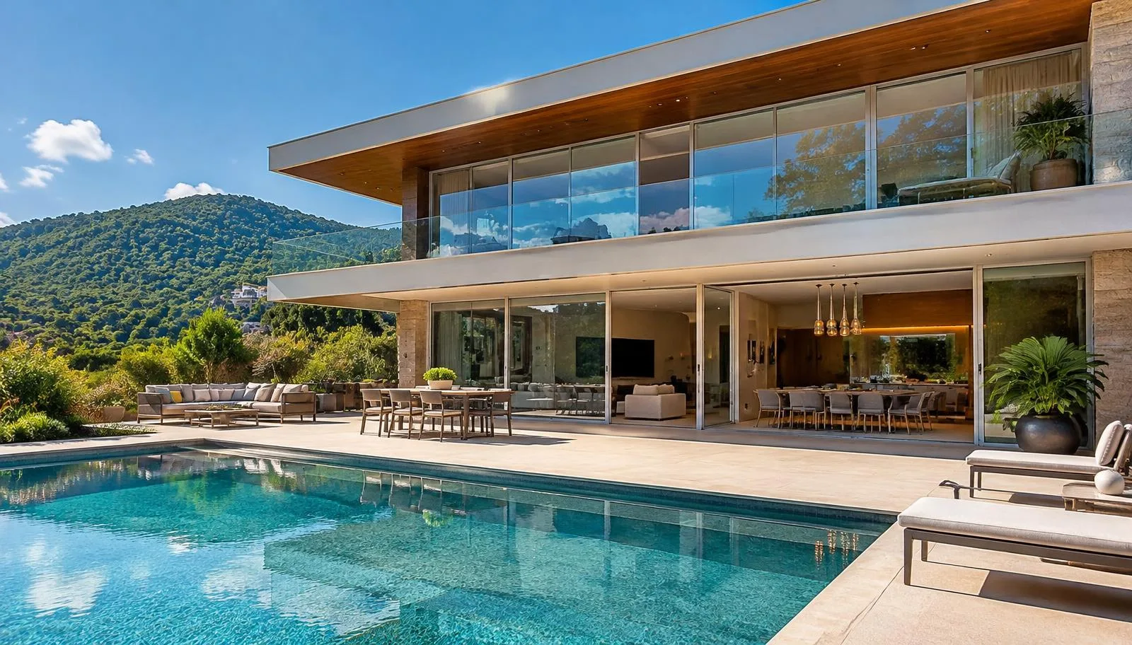 Casa de alto padrão em Jundiaí com grandes portas de correr de alumínio, piscina e Serra do Japi ao fundo